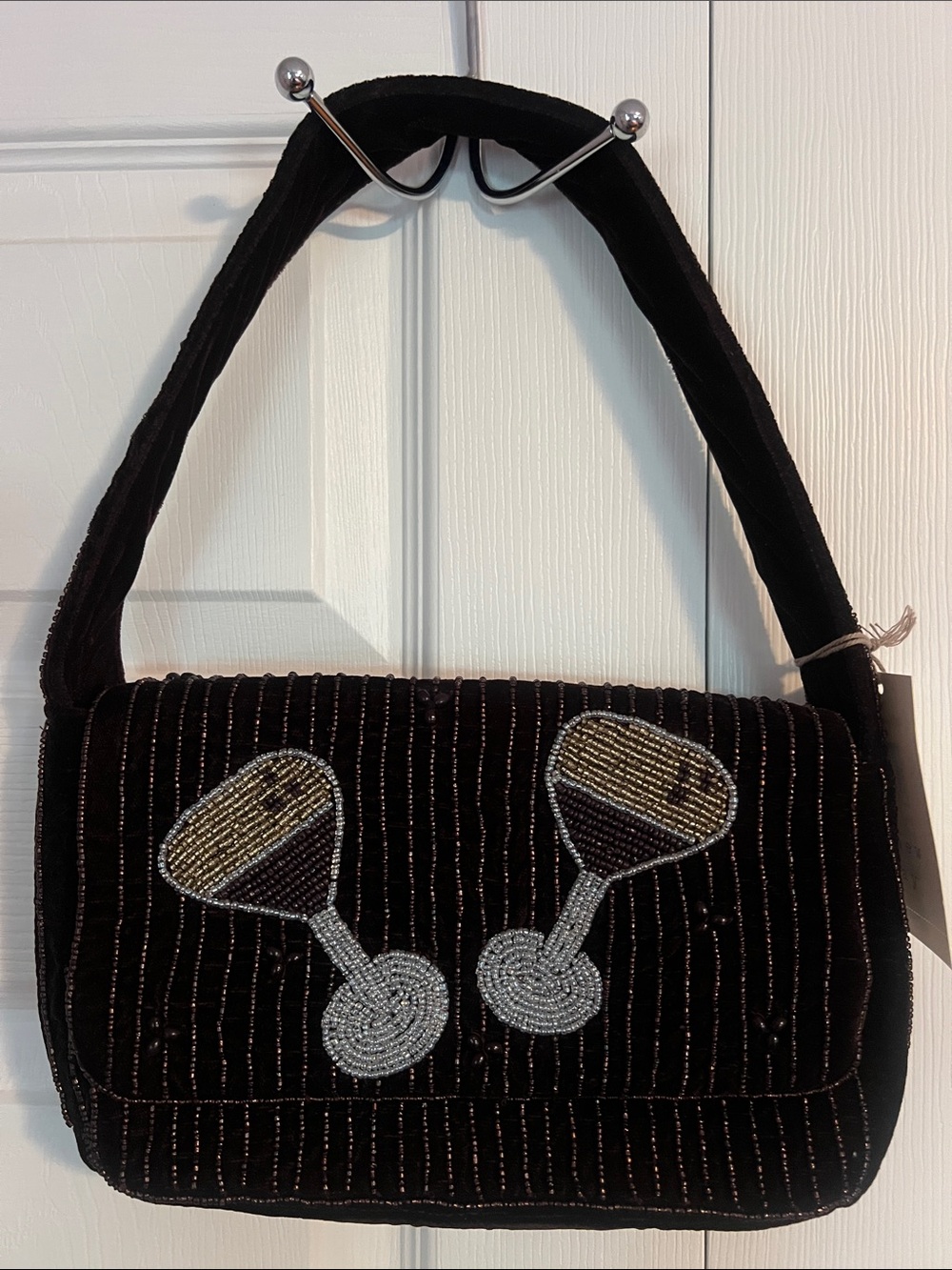 A New Day Brown Velvet Beaded Shoulder Bag with Metallic Bead Wine Glass Motifs